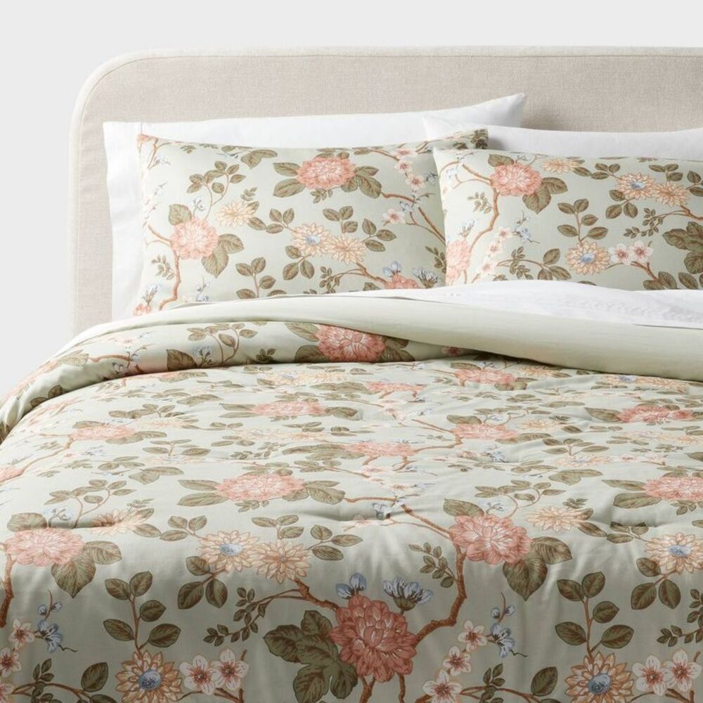 Full/Queen Floral Cotton Sateen Comforter Set - Light Sage/Pink